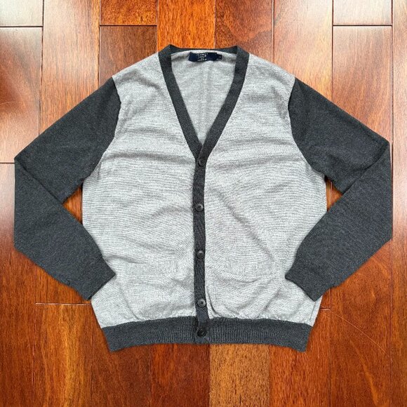 J Crew Men's Cardigan Sweater 100% Merino Wool Two Tone Gray Preppy Size L - Picture 2 of 10
